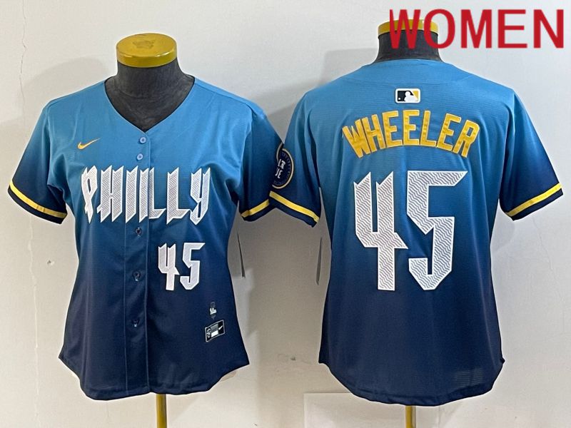 Women Philadelphia Phillies #45 Wheeler Blue City Edition Nike 2024 MLB Jersey style 4
